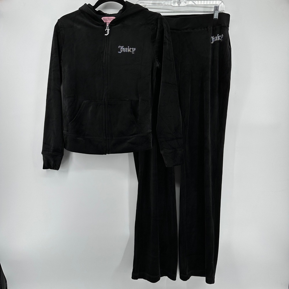 Juicy Couture Black Velour Tracksuit Rhinestone Logo Hoodie Pants Set Small